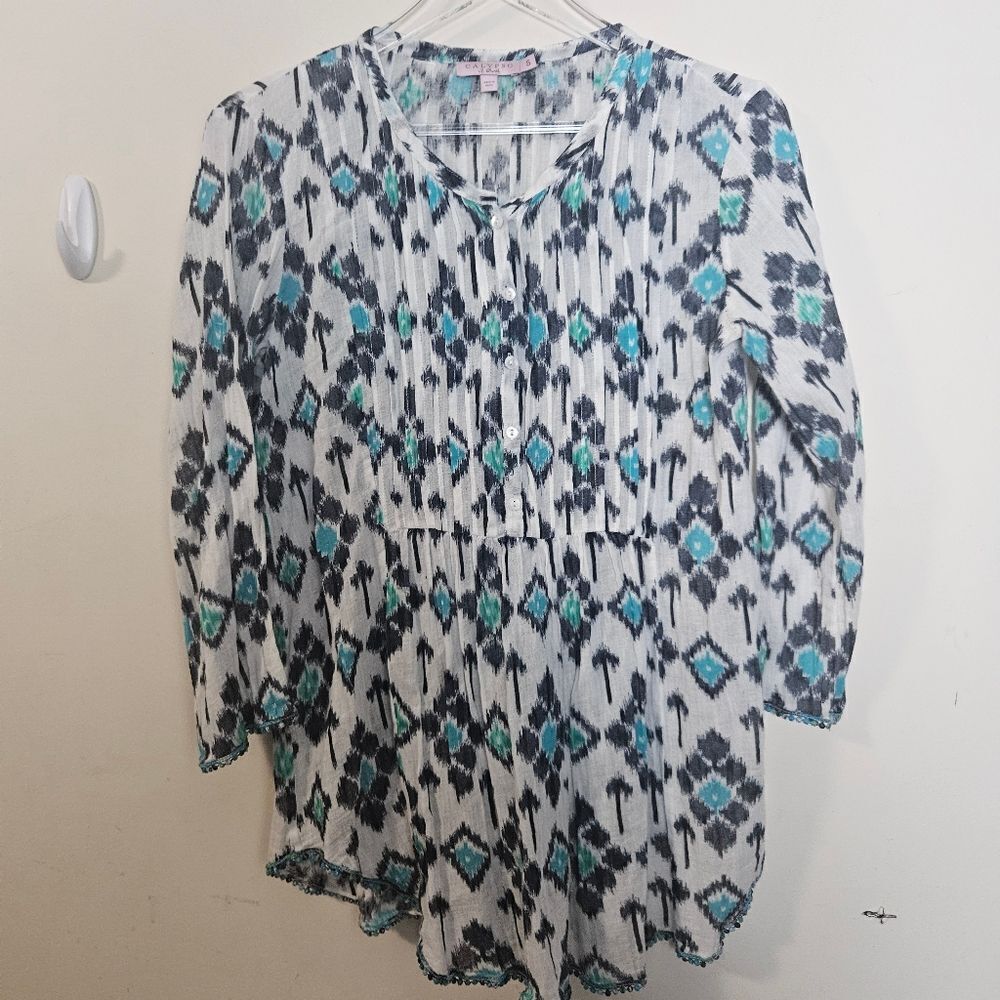 Calypso St Barth Women’s Size Large Fit Flare Blouse White Turquoise Small